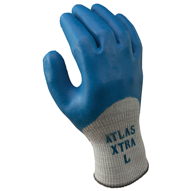 SHOWA® ATLAS® 305 General Purpose Gloves - Rubber Palm/Knuckle, 10-gauge  Liner, Wrinkle Finish, Gray/Blue, 12 Pairs